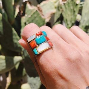 Vintage Navajo Sterling Ring with Turquoise Coral Spiny Oyster Mother of Pearl